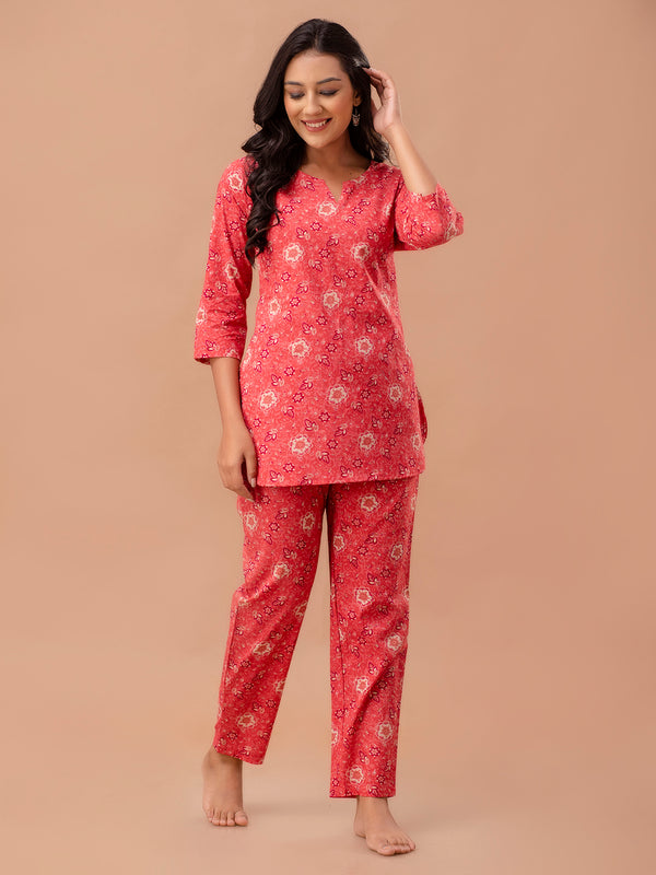 Red Printed Cotton Night Suit with V-Neck Kurti & Ankle-Length Pants