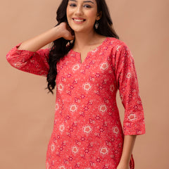 Red Printed Cotton Night Suit with V-Neck Kurti & Ankle-Length Pants