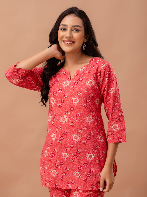 Red Printed Cotton Night Suit with V-Neck Kurti & Ankle-Length Pants