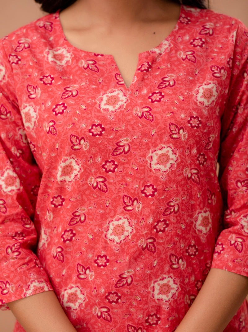 Red Printed Cotton Night Suit with V-Neck Kurti & Ankle-Length Pants