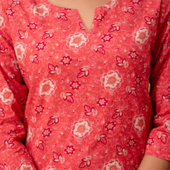 Red Printed Cotton Night Suit with V-Neck Kurti & Ankle-Length Pants