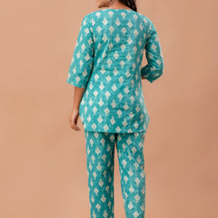 Green Printed Cotton Night Suit with V-Neck Kurti & Ankle-Length Pants