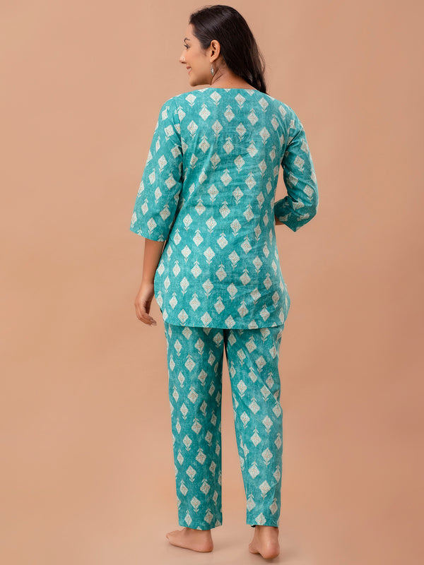 Green Printed Cotton Night Suit with V-Neck Kurti & Ankle-Length Pants