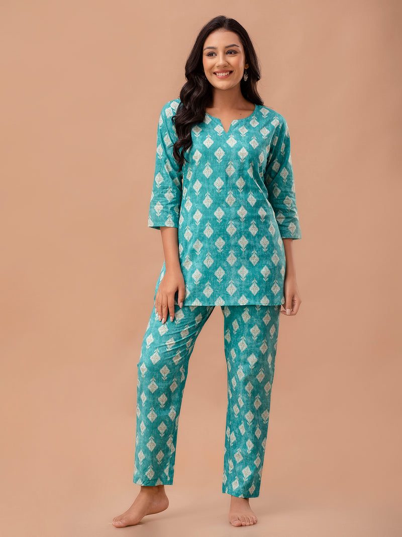 Green Printed Cotton Night Suit with V-Neck Kurti & Ankle-Length Pants