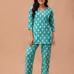 Green Printed Cotton Night Suit with V-Neck Kurti & Ankle-Length Pants