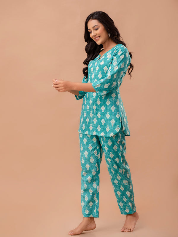 Green Printed Cotton Night Suit with V-Neck Kurti & Ankle-Length Pants