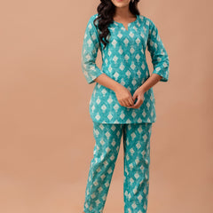 Green Printed Cotton Night Suit with V-Neck Kurti & Ankle-Length Pants