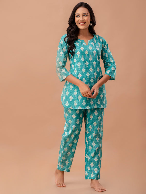 Green Printed Cotton Night Suit with V-Neck Kurti & Ankle-Length Pants