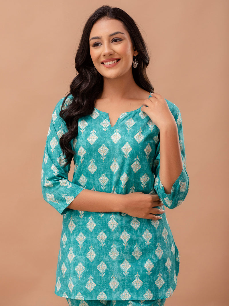 Green Printed Cotton Night Suit with V-Neck Kurti & Ankle-Length Pants