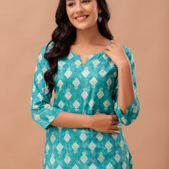 Green Printed Cotton Night Suit with V-Neck Kurti & Ankle-Length Pants