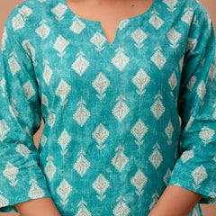 Green Printed Cotton Night Suit with V-Neck Kurti & Ankle-Length Pants