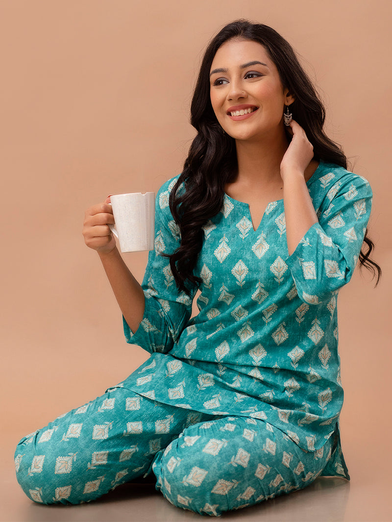 Green Printed Cotton Night Suit with V-Neck Kurti & Ankle-Length Pants