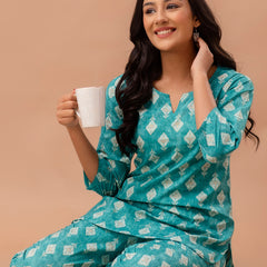 Green Printed Cotton Night Suit with V-Neck Kurti & Ankle-Length Pants