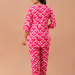 Pink Printed Cotton Night Suit with V-Neck Kurti & Ankle-Length Pants