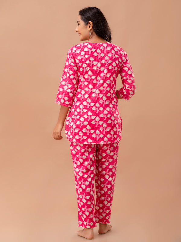 Pink Printed Cotton Night Suit with V-Neck Kurti & Ankle-Length Pants