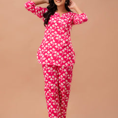 Pink Printed Cotton Night Suit with V-Neck Kurti & Ankle-Length Pants