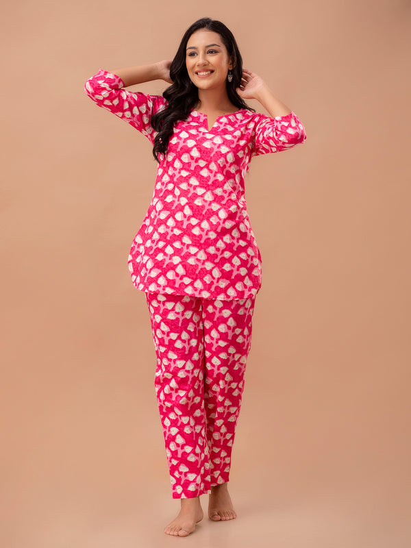 Pink Printed Cotton Night Suit with V-Neck Kurti & Ankle-Length Pants