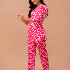 Pink Printed Cotton Night Suit with V-Neck Kurti & Ankle-Length Pants