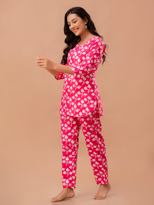 Pink Printed Cotton Night Suit with V-Neck Kurti & Ankle-Length Pants