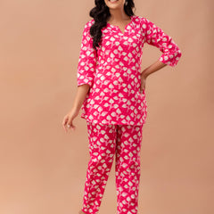 Pink Printed Cotton Night Suit with V-Neck Kurti & Ankle-Length Pants