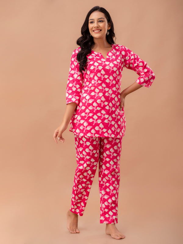 Pink Printed Cotton Night Suit with V-Neck Kurti & Ankle-Length Pants