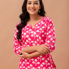 Pink Printed Cotton Night Suit with V-Neck Kurti & Ankle-Length Pants