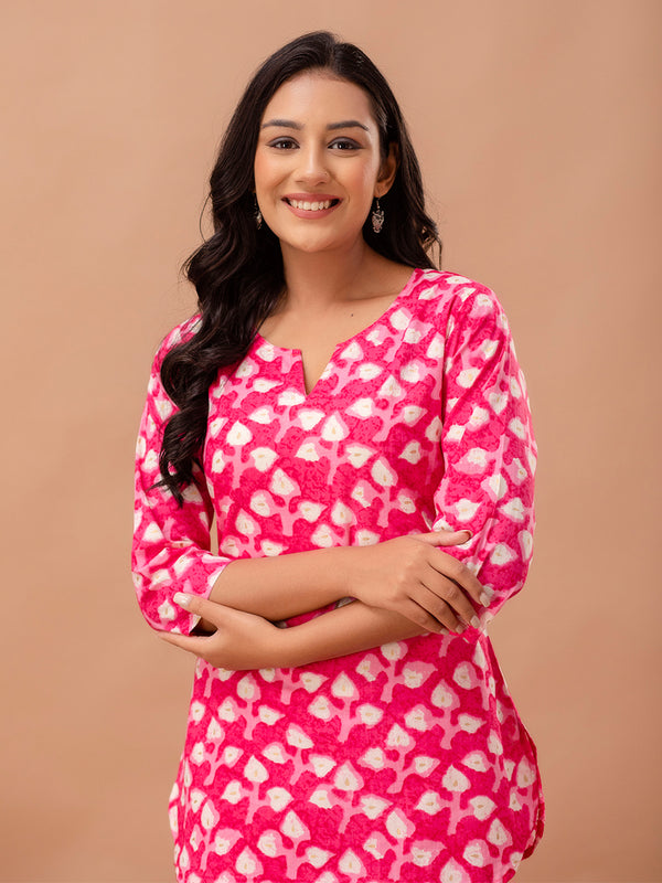 Pink Printed Cotton Night Suit with V-Neck Kurti & Ankle-Length Pants