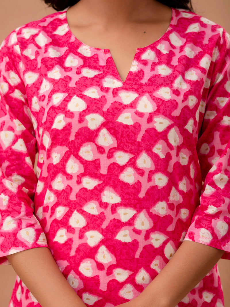 Pink Printed Cotton Night Suit with V-Neck Kurti & Ankle-Length Pants