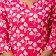 Pink Printed Cotton Night Suit with V-Neck Kurti & Ankle-Length Pants