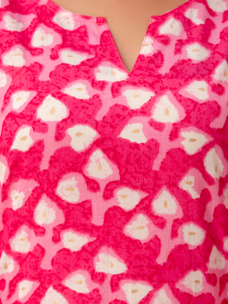 Pink Printed Cotton Night Suit with V-Neck Kurti & Ankle-Length Pants