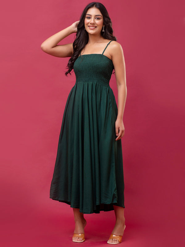 Women’s Sleeveless Rayon Dress with Smocked Shirred Bodice | Calf-Length Flared Skirt | Trendy Solid Colors