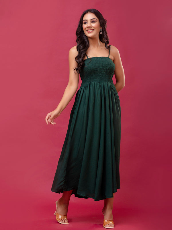 Women’s Sleeveless Rayon Dress with Smocked Shirred Bodice | Calf-Length Flared Skirt | Trendy Solid Colors