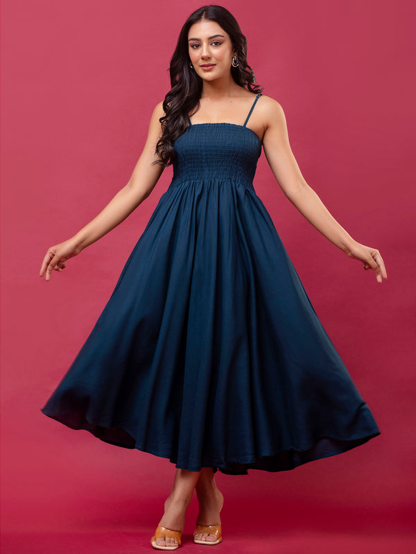 Women’s Sleeveless Rayon Dress with Smocked Shirred Bodice | Calf-Length Flared Skirt | Trendy Solid Colors