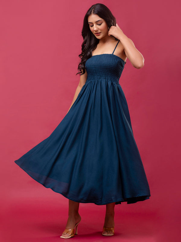 Women’s Sleeveless Rayon Dress with Smocked Shirred Bodice | Calf-Length Flared Skirt | Trendy Solid Colors