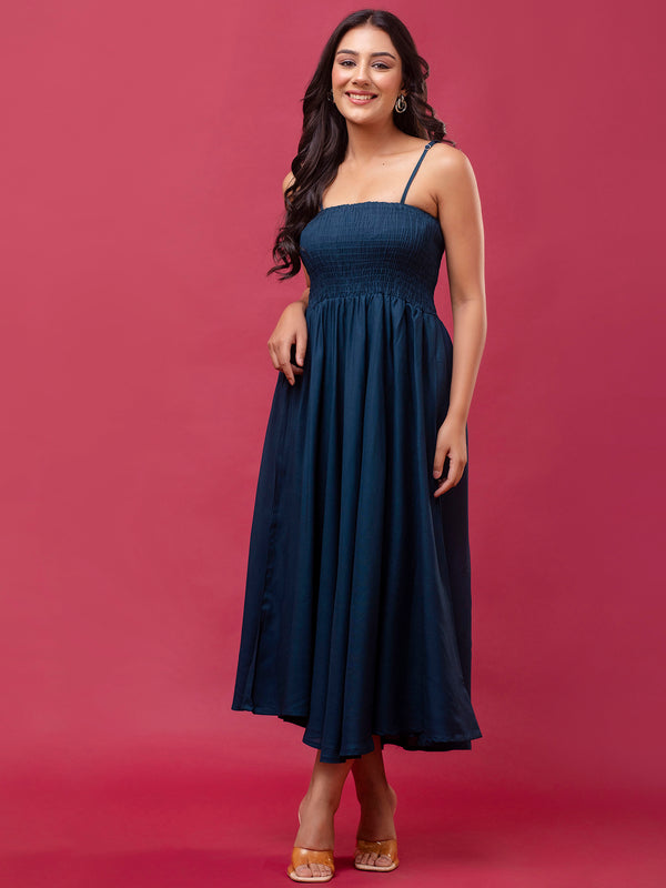 Women’s Sleeveless Rayon Dress with Smocked Shirred Bodice | Calf-Length Flared Skirt | Trendy Solid Colors