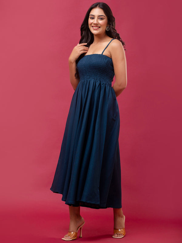 Women’s Sleeveless Rayon Dress with Smocked Shirred Bodice | Calf-Length Flared Skirt | Trendy Solid Colors