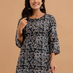 Women Black Cotton Printed Short Kurti