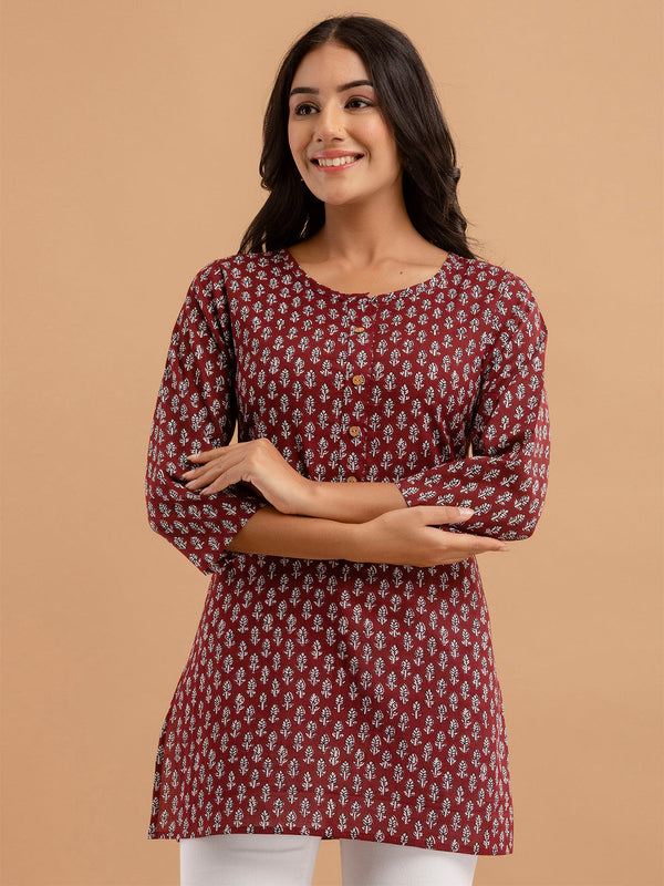 Women Maroon Cotton Printed Short Kurti
