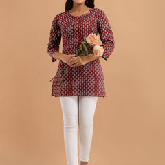 Women Maroon Cotton Printed Short Kurti