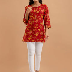 Women Red Cotton Printed Short Kurti