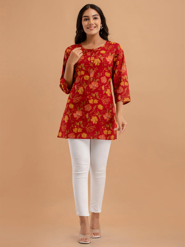 Women Red Cotton Printed Short Kurti