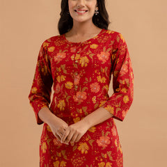 Women Red Cotton Printed Short Kurti