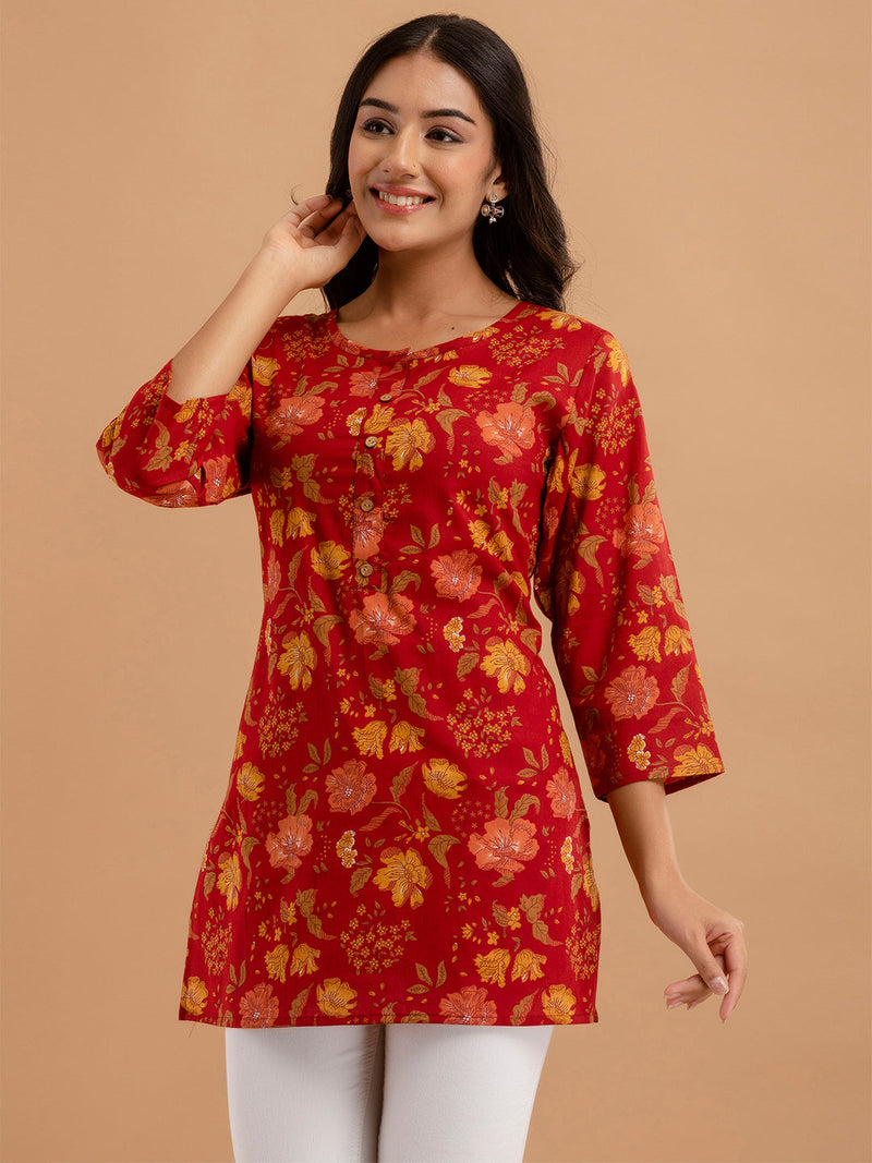 Women Red Cotton Printed Short Kurti