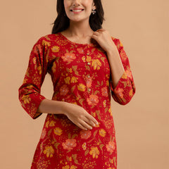Women Red Cotton Printed Short Kurti