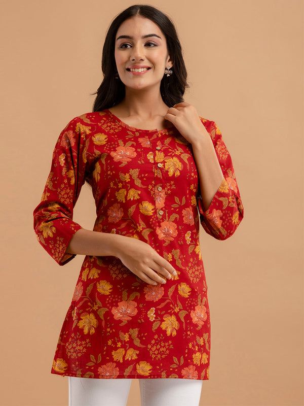 Women Red Cotton Printed Short Kurti