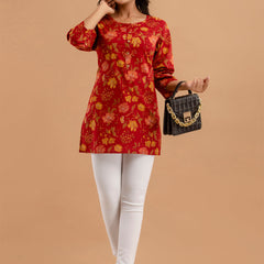 Women Red Cotton Printed Short Kurti