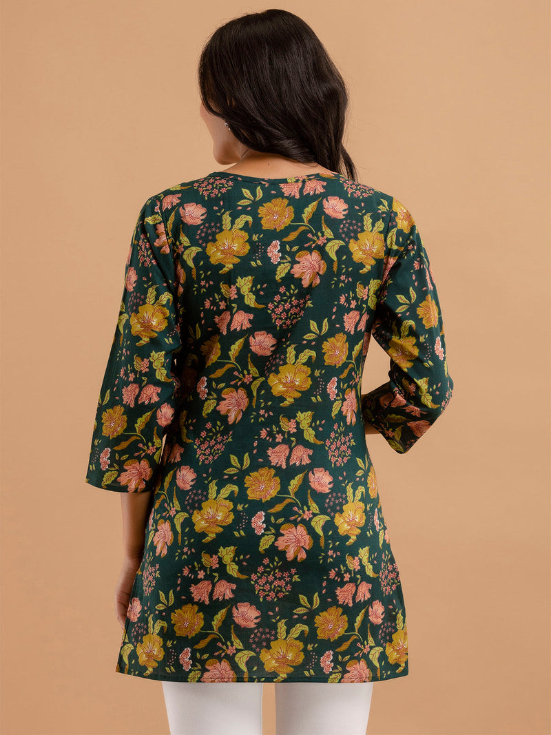 Women Green Cotton Printed Short Kurti