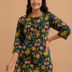 Women Green Cotton Printed Short Kurti