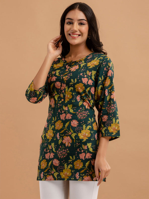Women Green Cotton Printed Short Kurti