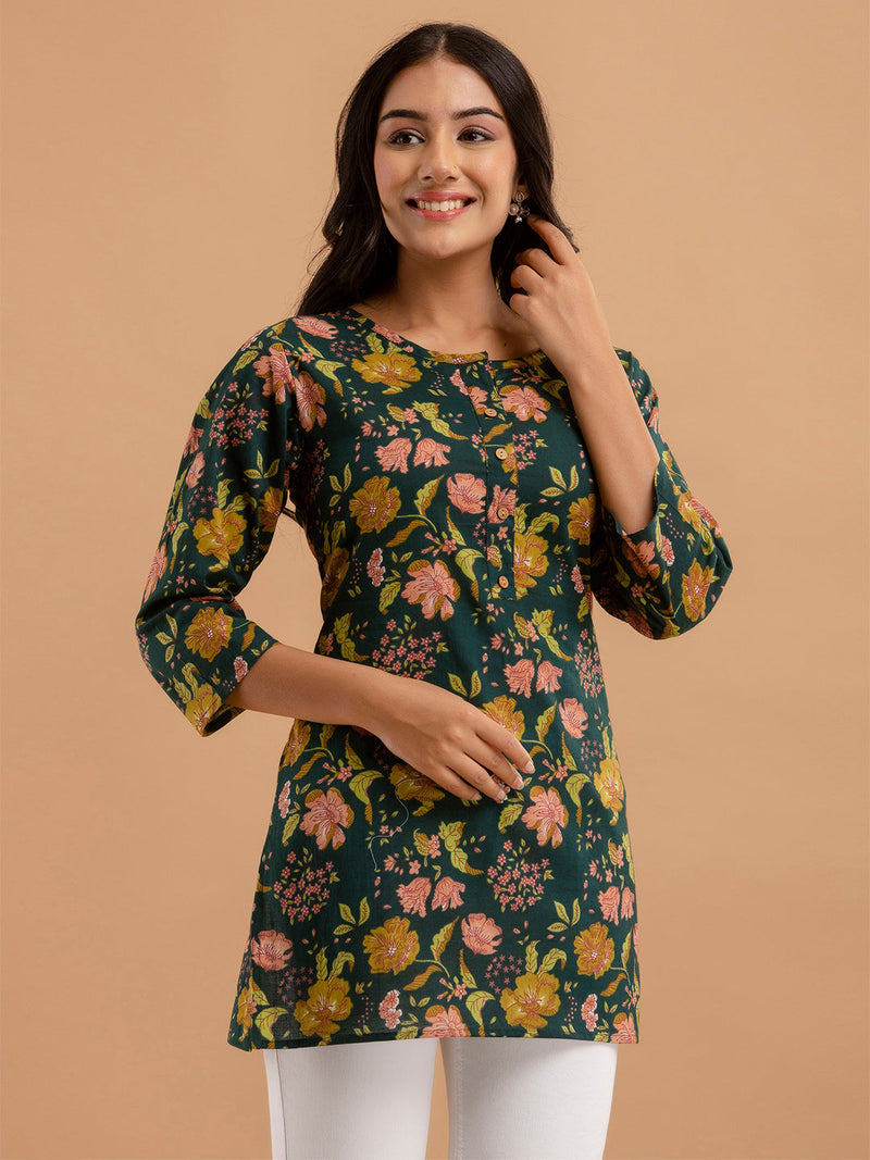 Women Green Cotton Printed Short Kurti